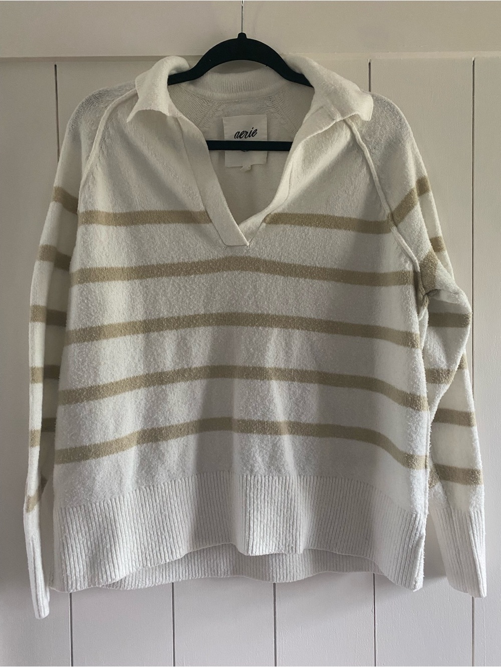 Aerie White and Cream Striped Pullover Sweater